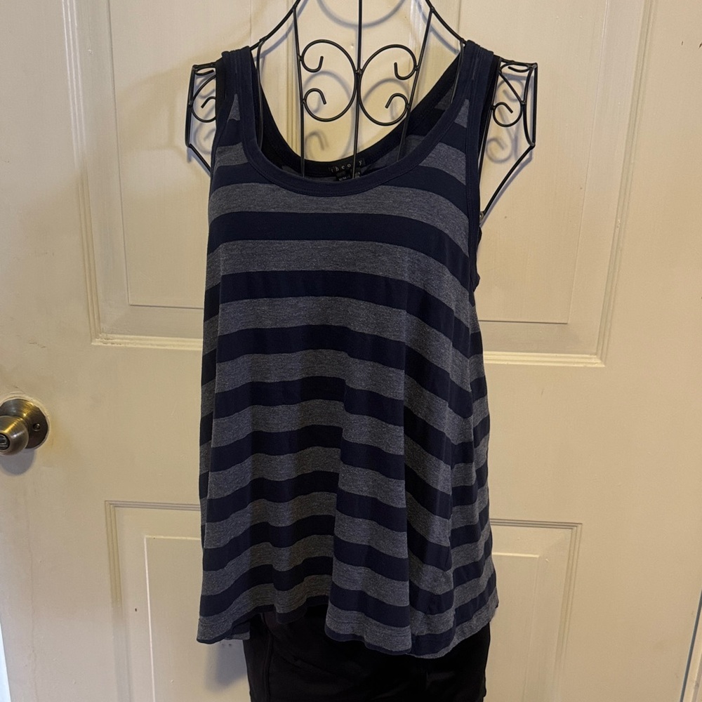Theory Navy and Gray Striped Tank Top